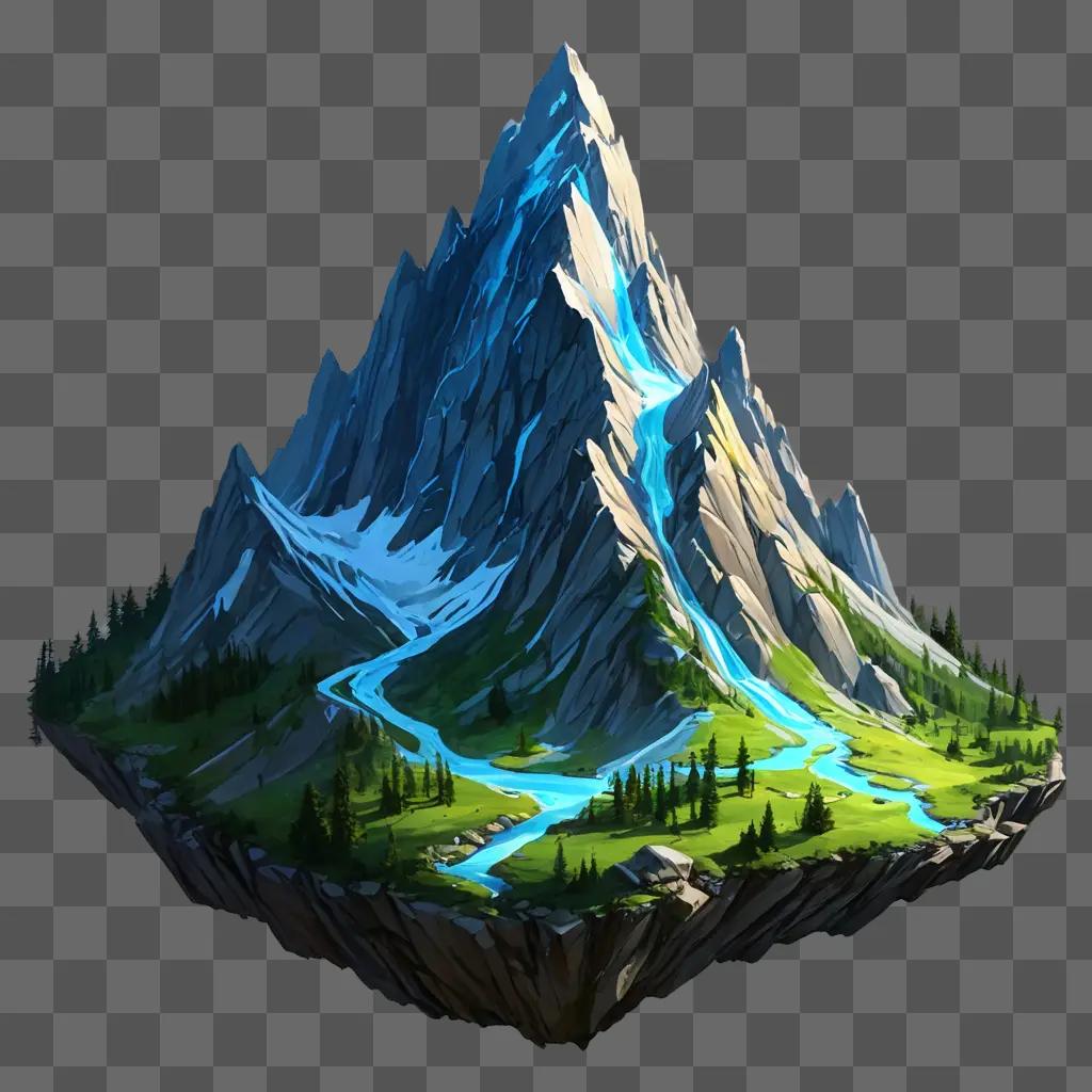 mountain drawing with colour A fantasy mountain with a blue river flowing down its face