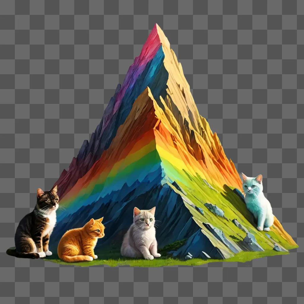 mountain drawing with colour Four cats sit in front of a rainbow pyramid