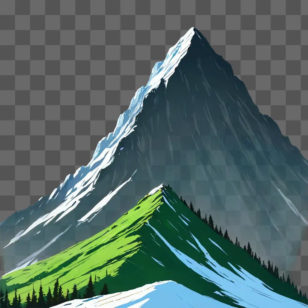 mountain drawing with colour Snowy mountain with pine trees and a bright sky