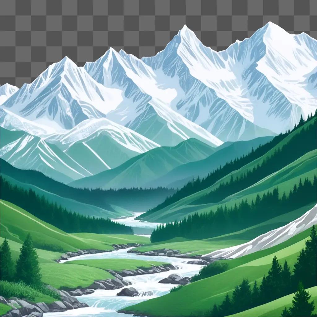 mountain landscape drawing with snow-capped peaks and a winding river