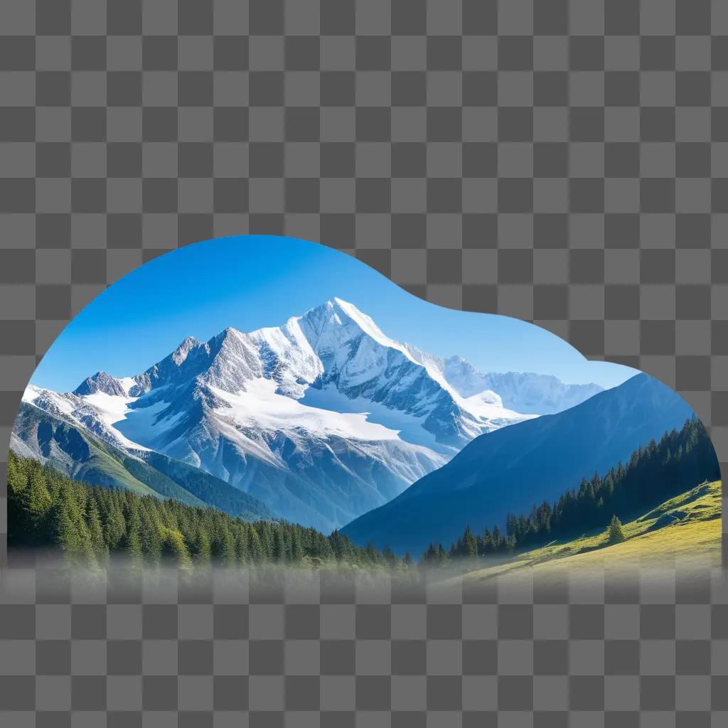 mountain range with snow covered peaks and green trees