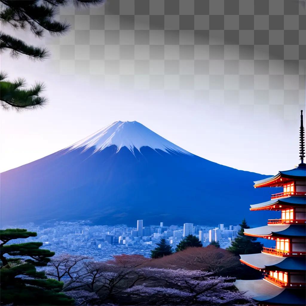 mountain with a pagoda and cherry blossoms in the background