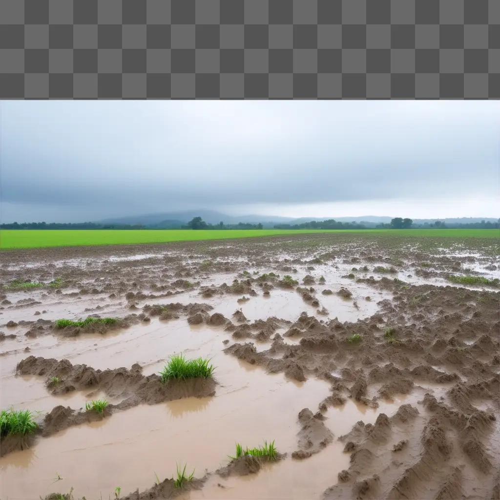 muddy field with green grass and trees in the distance