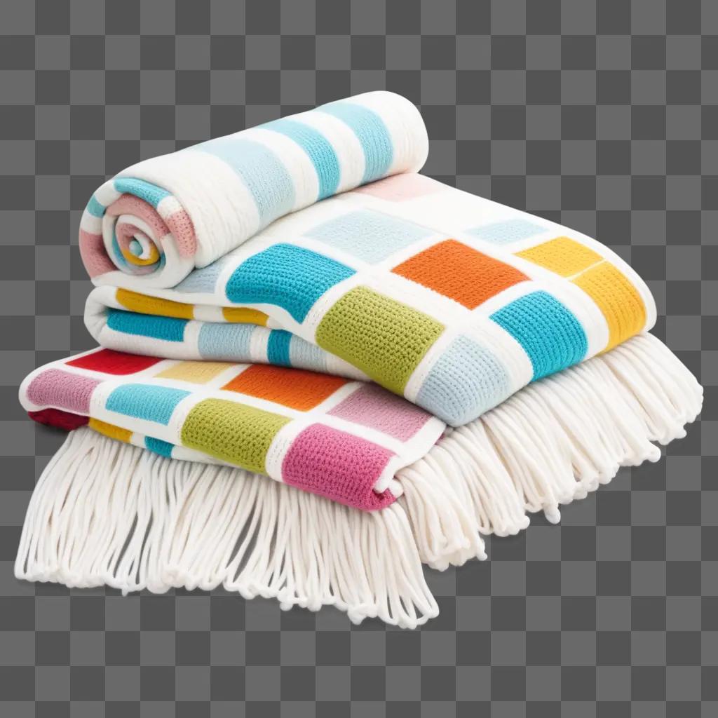 multicolored blanket is displayed on a white surface