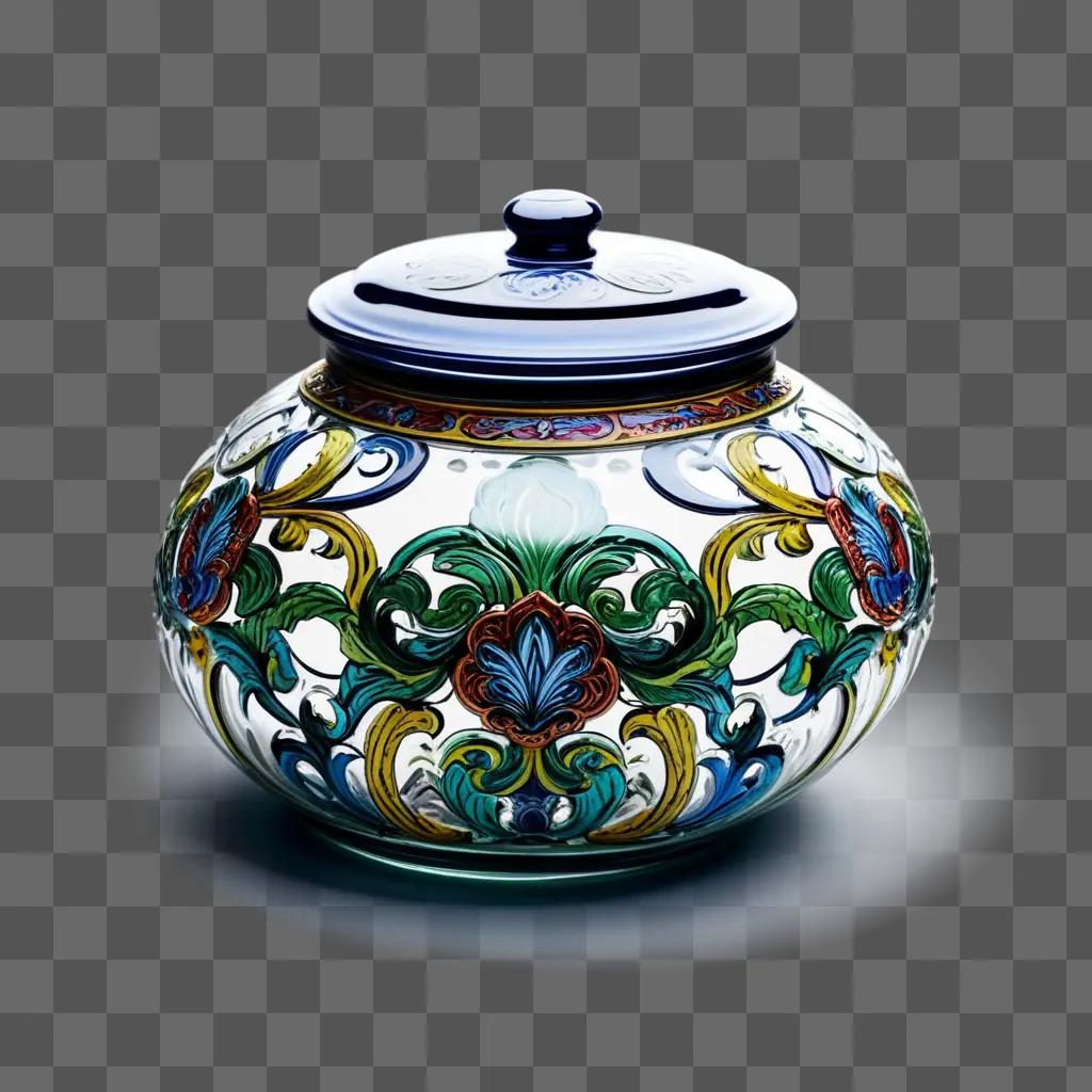 multicolored ceramic jar with a silver lid