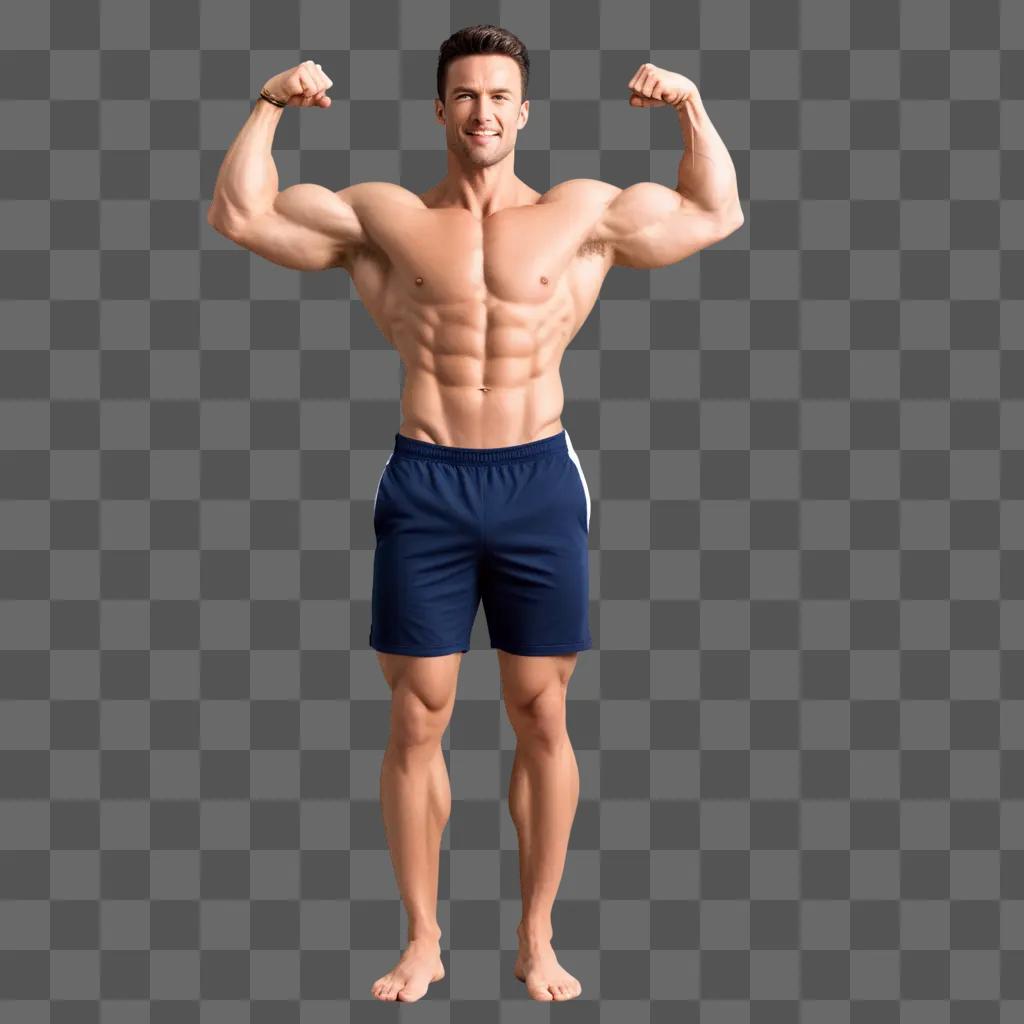 筋肉質の男は茶色の背景に筋肉を曲げる