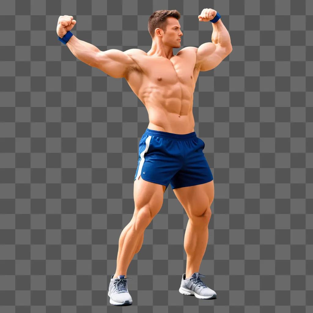 muscular man flexing with blue shorts