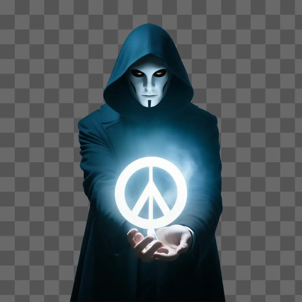 mysterious character in a black cloak holds a peace sign