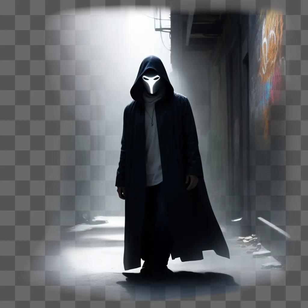 mysterious figure in a hooded robe stalks through a dark alleyway