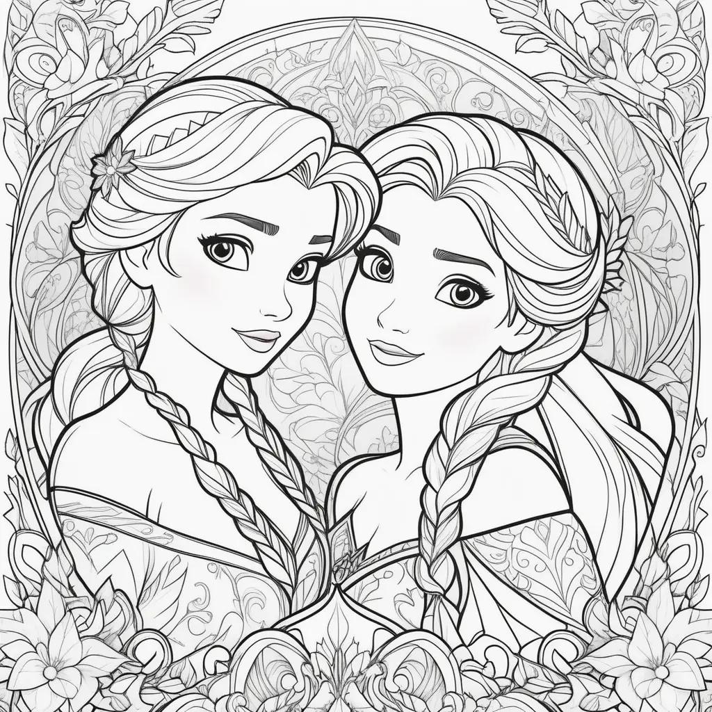 na and Elsa coloring page: Two Disney princesses in black and white