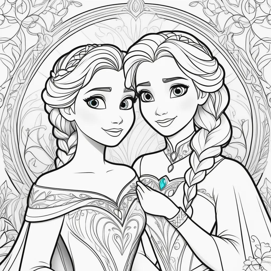 na and Elsa coloring page featuring a black and white design