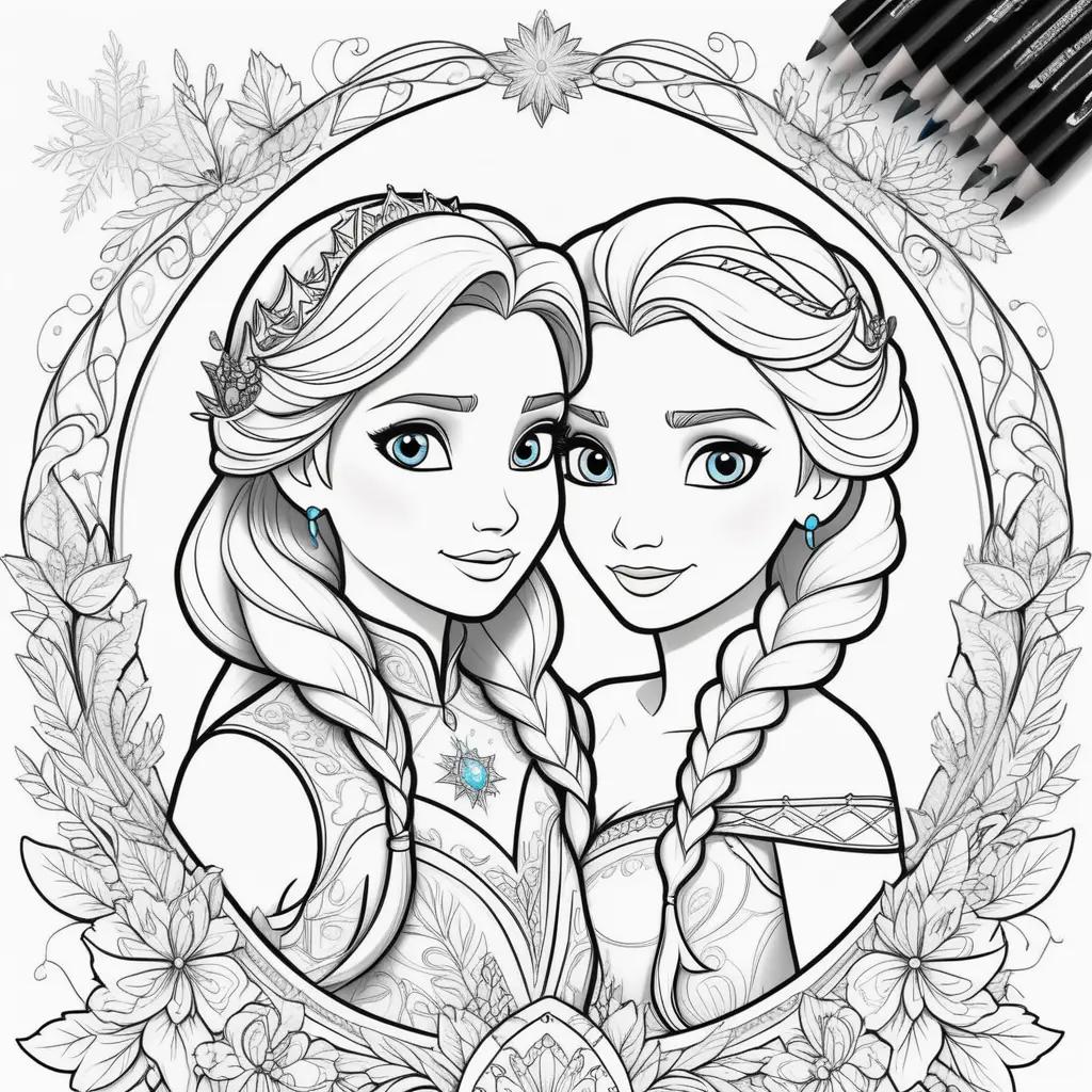 na and Elsa coloring page featuring floral embellishments