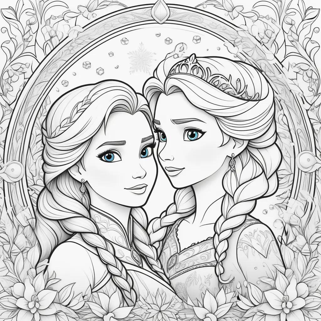 na and Elsa coloring page featuring princesses and flowers