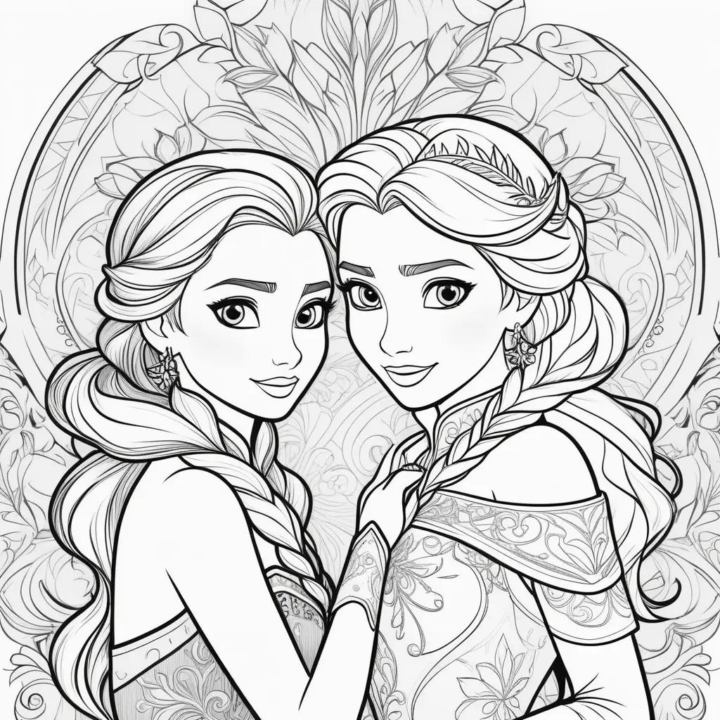 na and Elsa coloring page featuring two princesses in a black and white coloring page