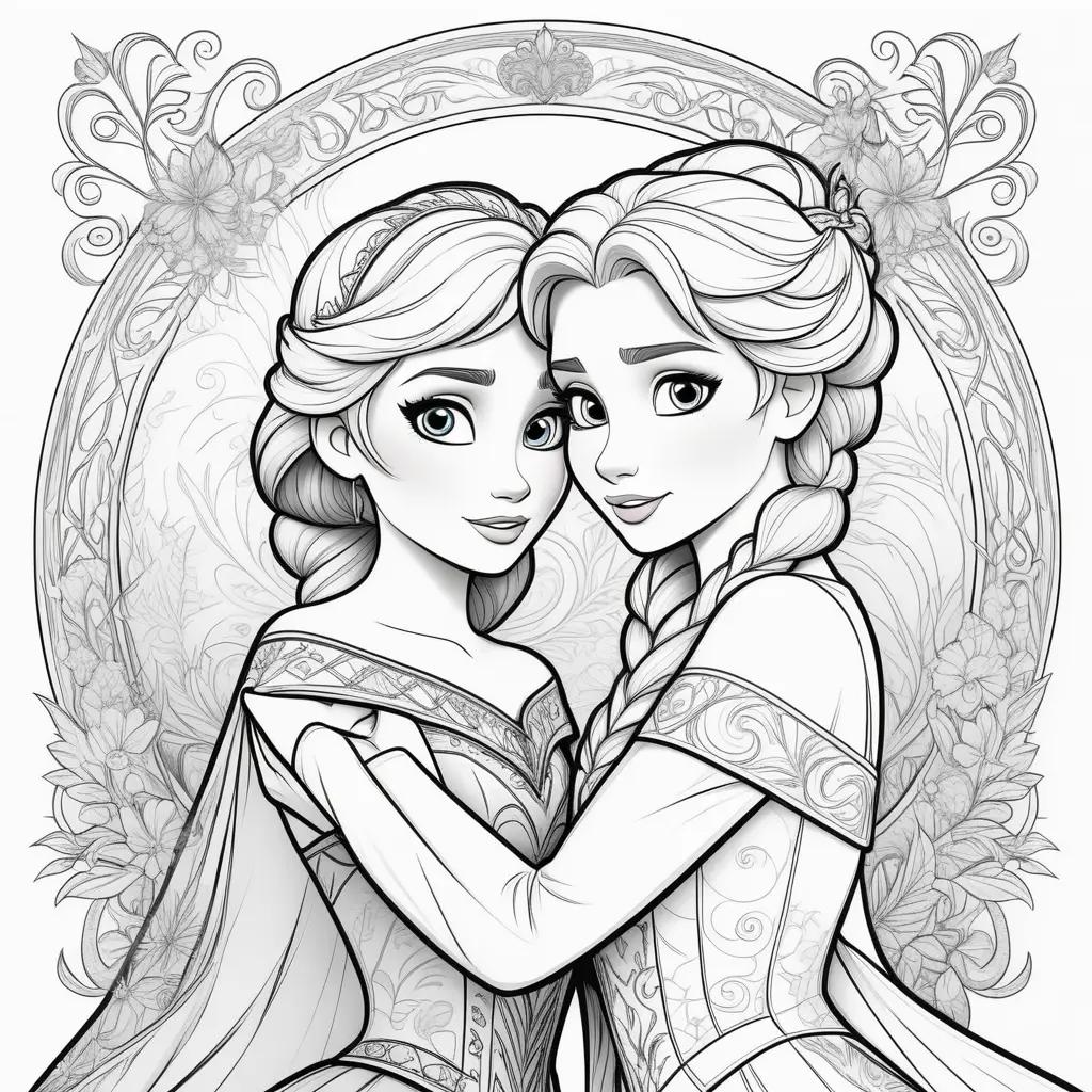 na and Elsa coloring page featuring two princesses in a circle