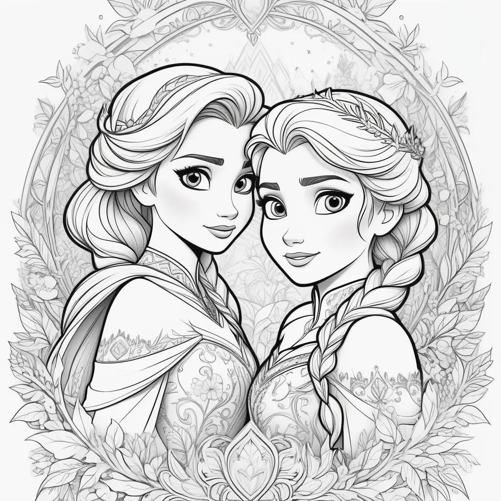 na and Elsa coloring page featuring two princesses in black and white