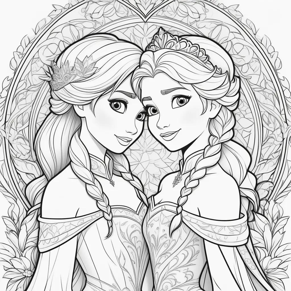 na and Elsa coloring page in black and white