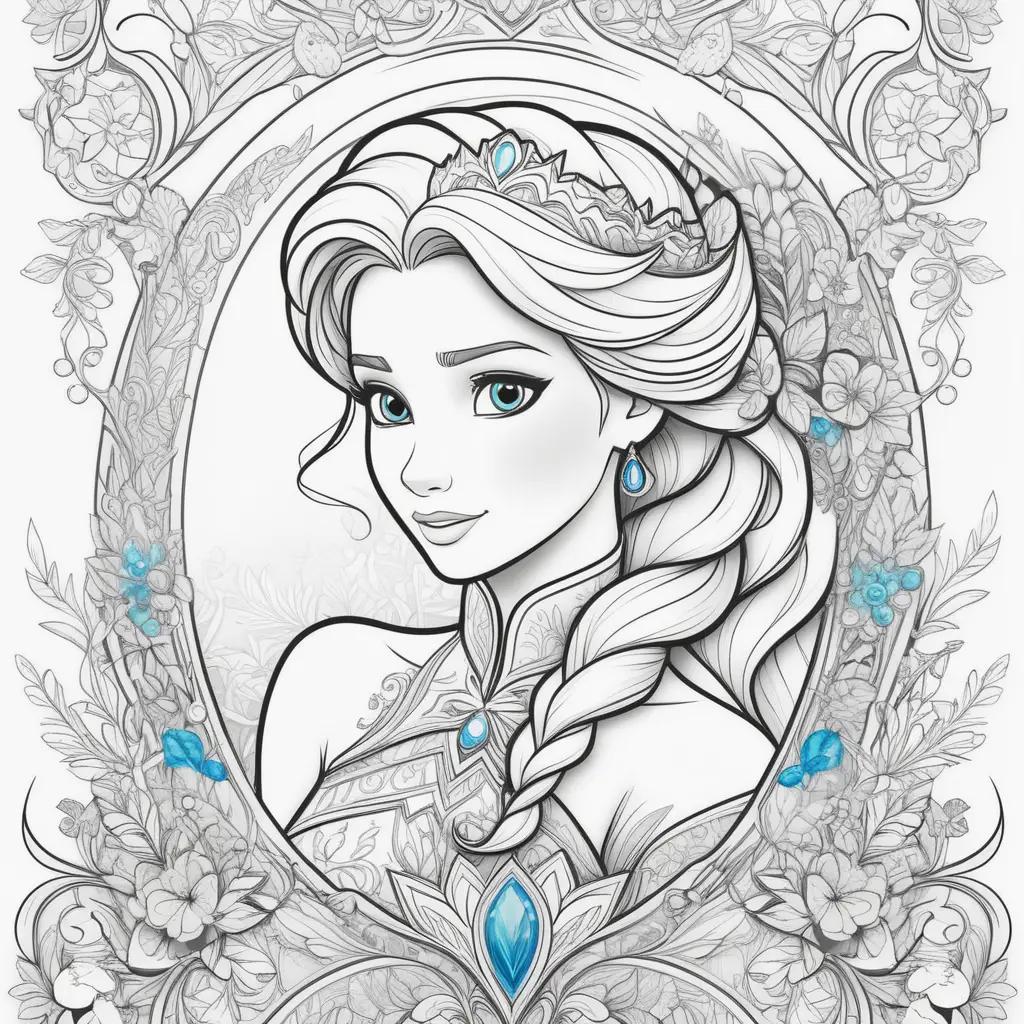 na and Elsa coloring page with blue gems and flowers