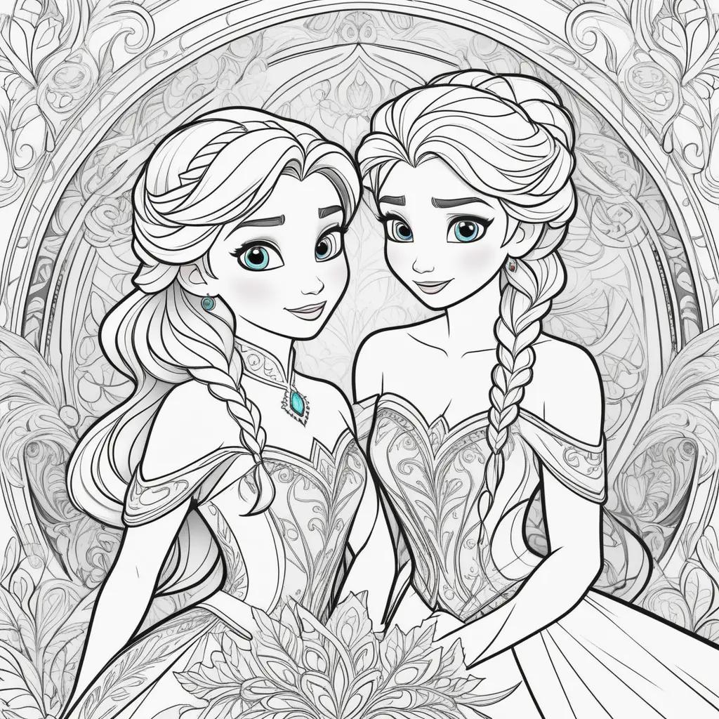 na and Elsa coloring page with fancy designs