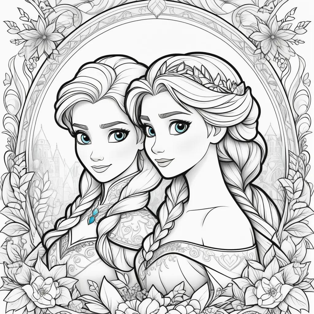 na and Elsa coloring page with princesses and flowers