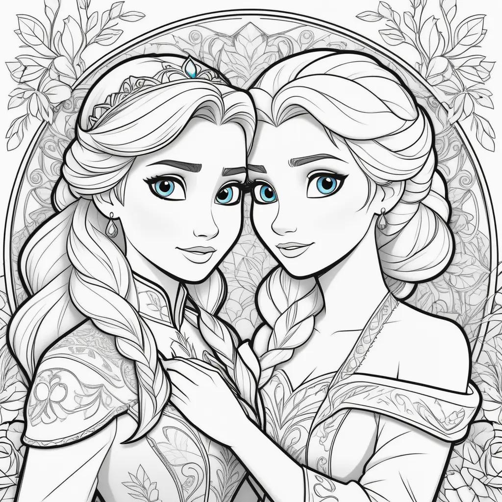 na and Elsa coloring page with princesses and flowers