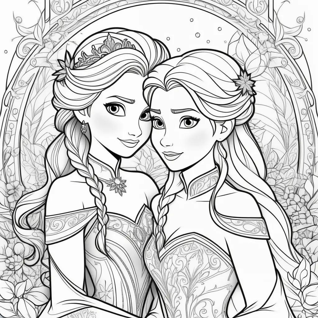 na and Elsa coloring page with princesses