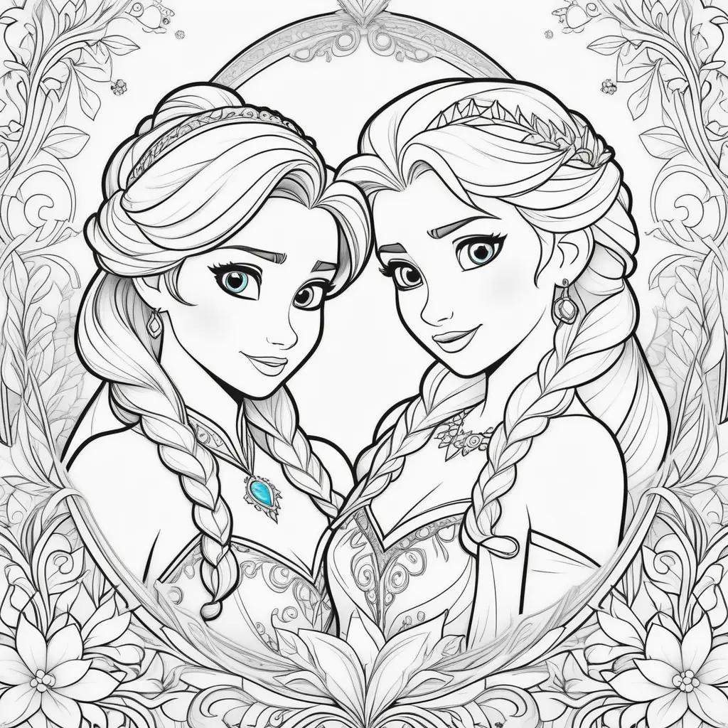 na and Elsa coloring page with two girls and a necklace