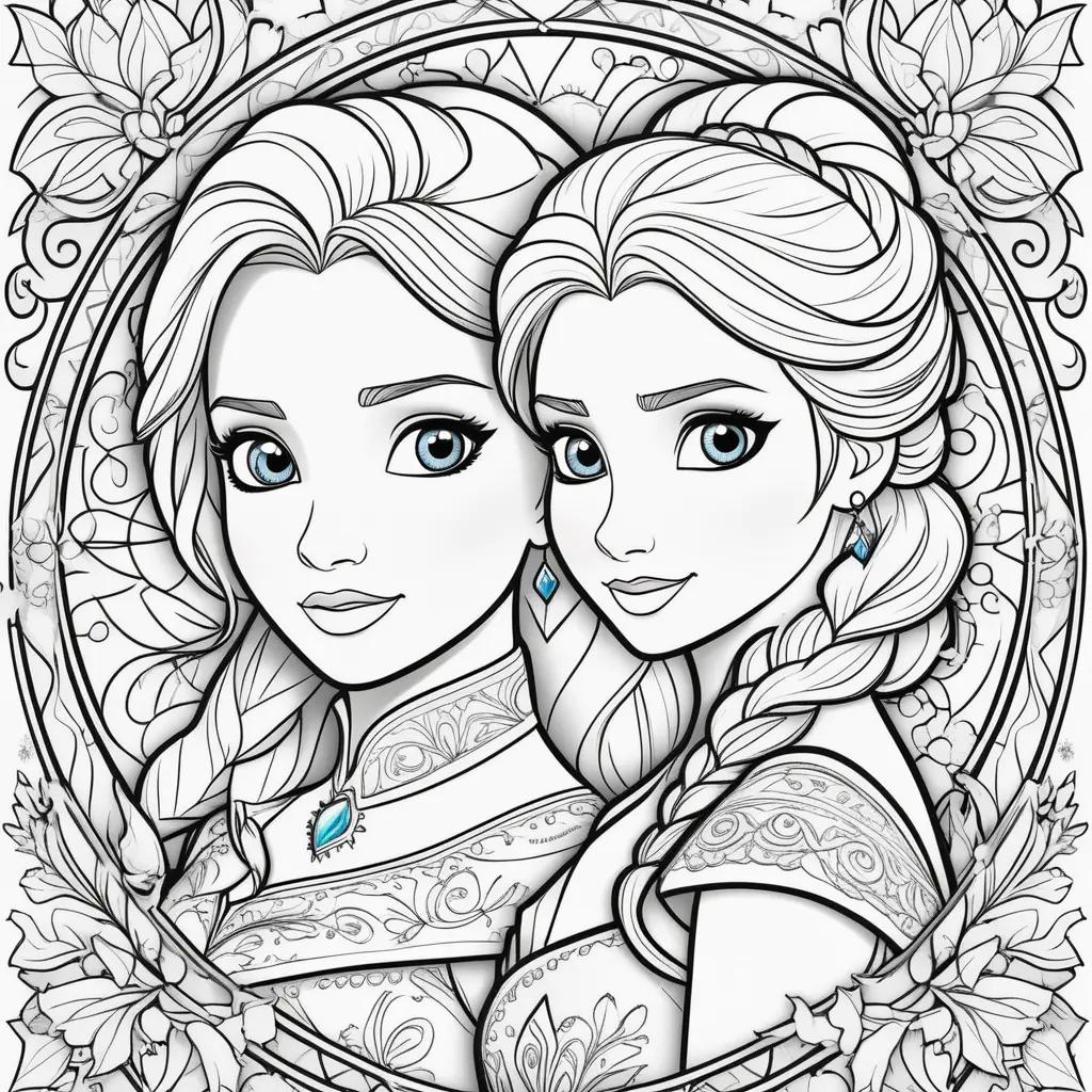 na and Elsa coloring pages featuring a circle with flowers and jewels