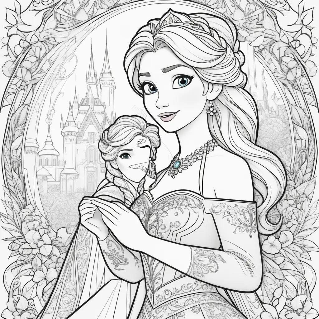 na and Elsa coloring pages with princess castle in background