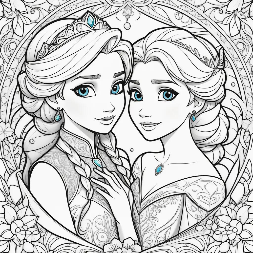 na and Elsa coloring pages with princesses and jewels