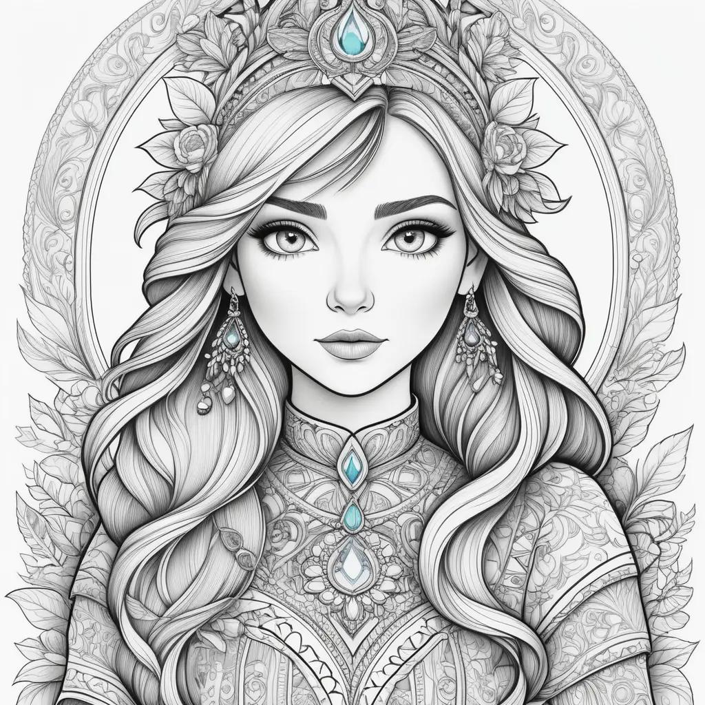 na color page: a coloring book featuring a beautiful woman with a crown, earrings, and necklace