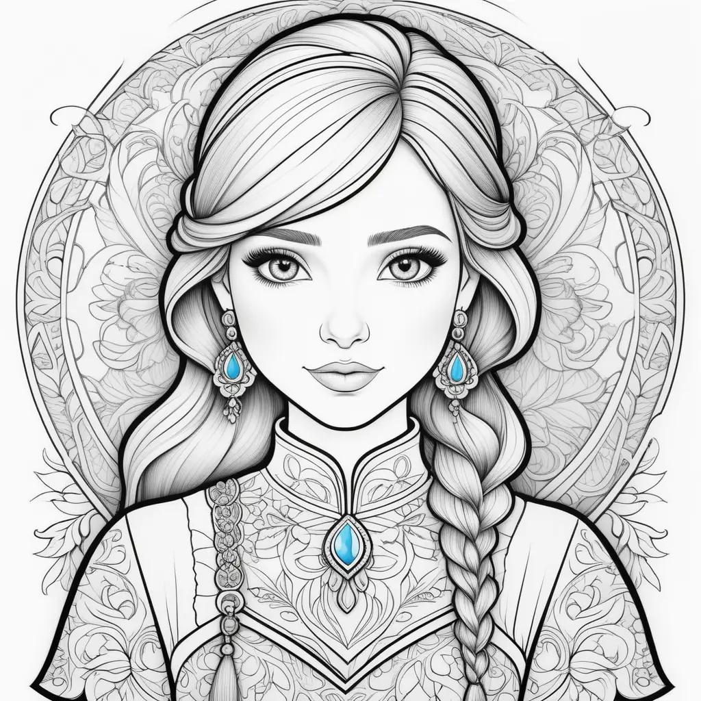 na coloring page with blue earrings and a braid