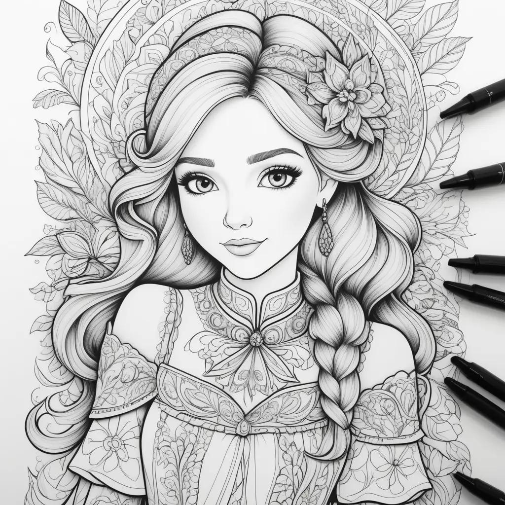 na coloring page with flowers and black lines