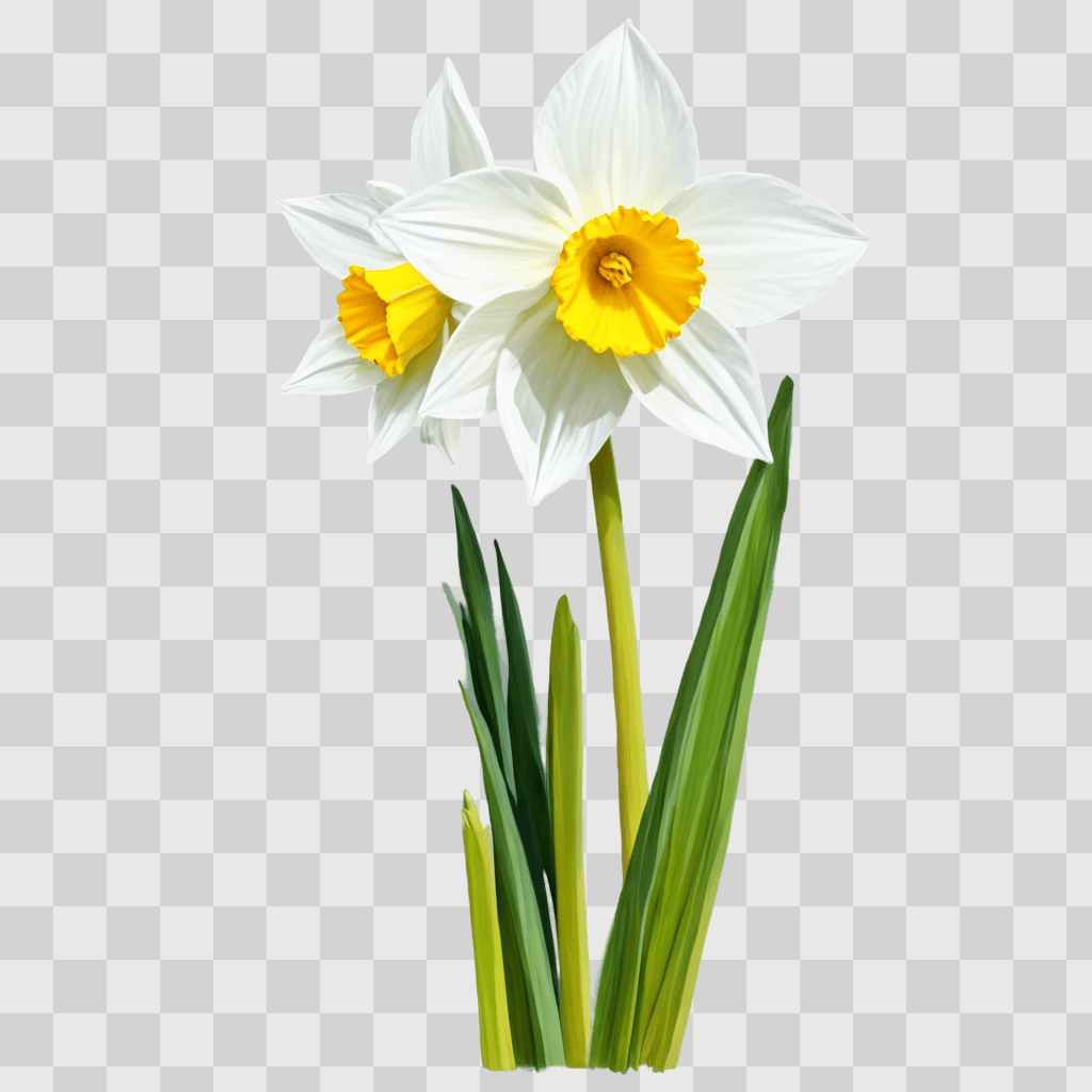 narcissus flower drawing A flower with green leaves and yellow center