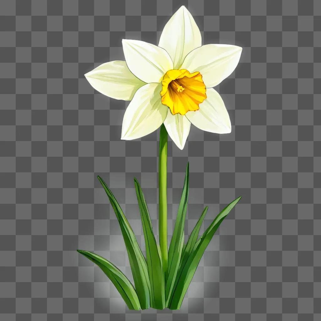 narcissus flower drawing A flower with yellow center and green leaves