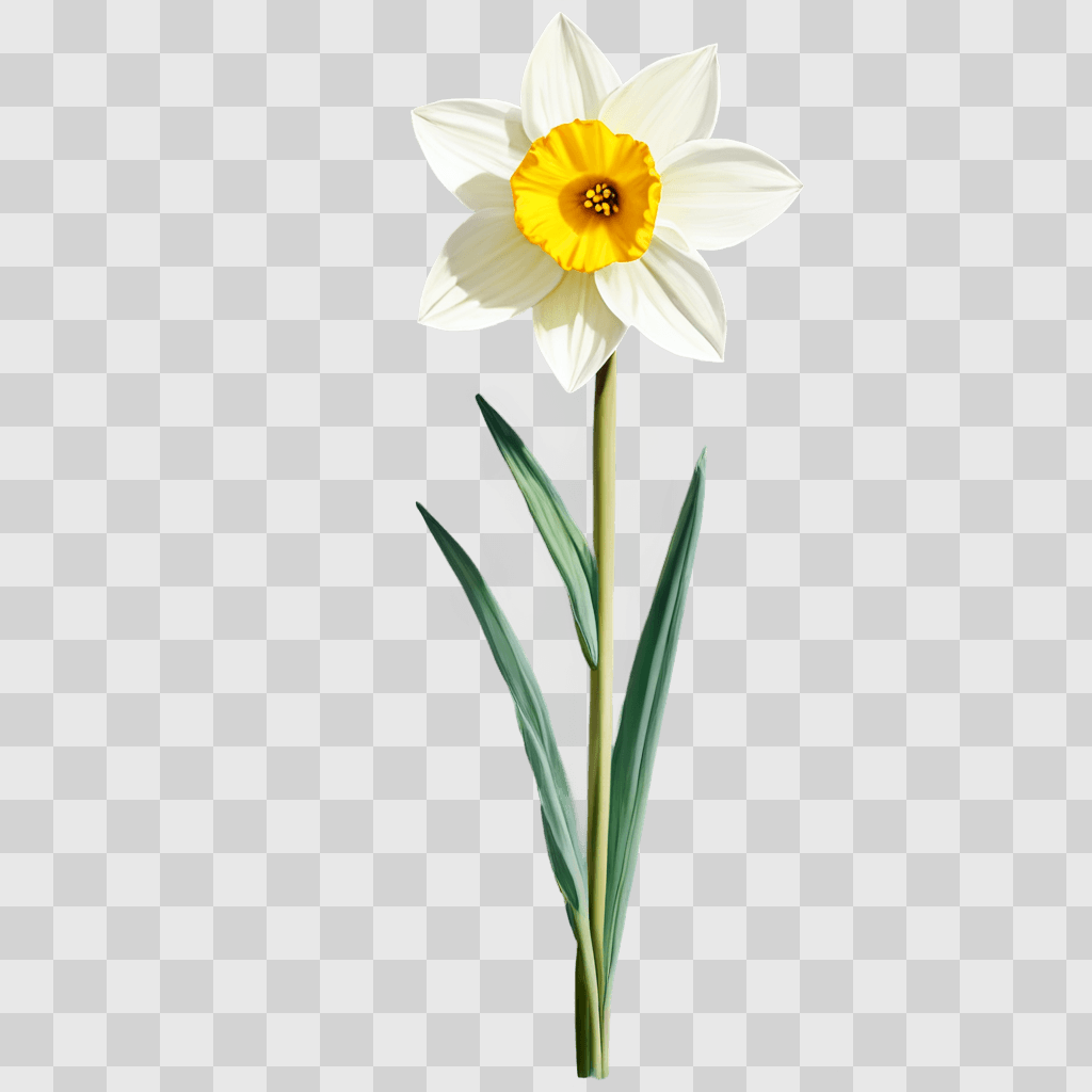 narcissus flower drawing A white and yellow flower with green leaves