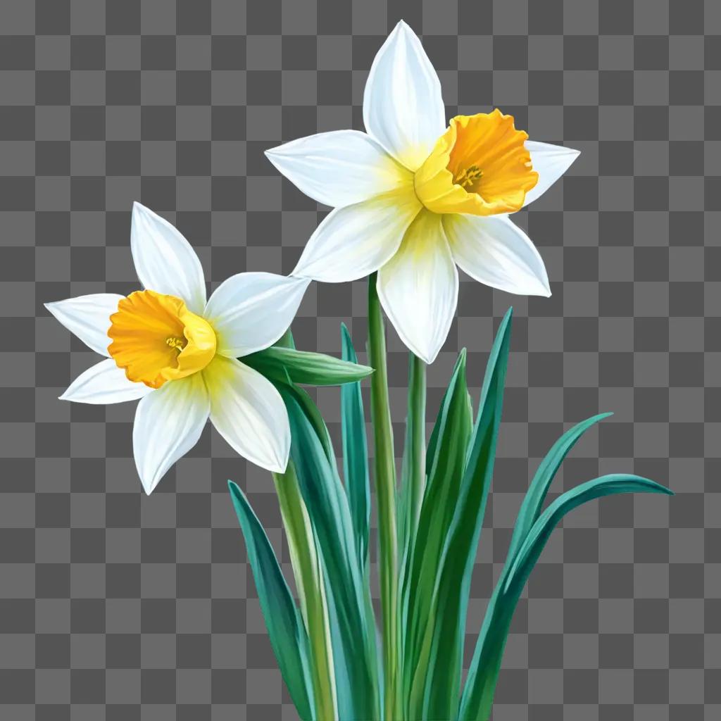 narcissus flower drawing Two white daffodils on a green background