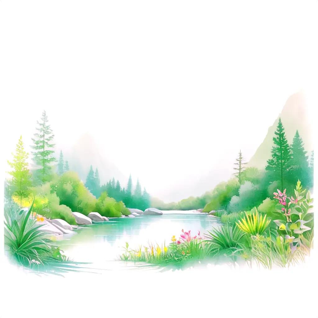 nature drawing depicts a serene landscape of mountains, trees, and a river