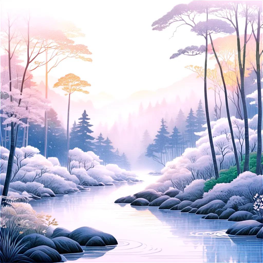 nature drawing of a tranquil river scene