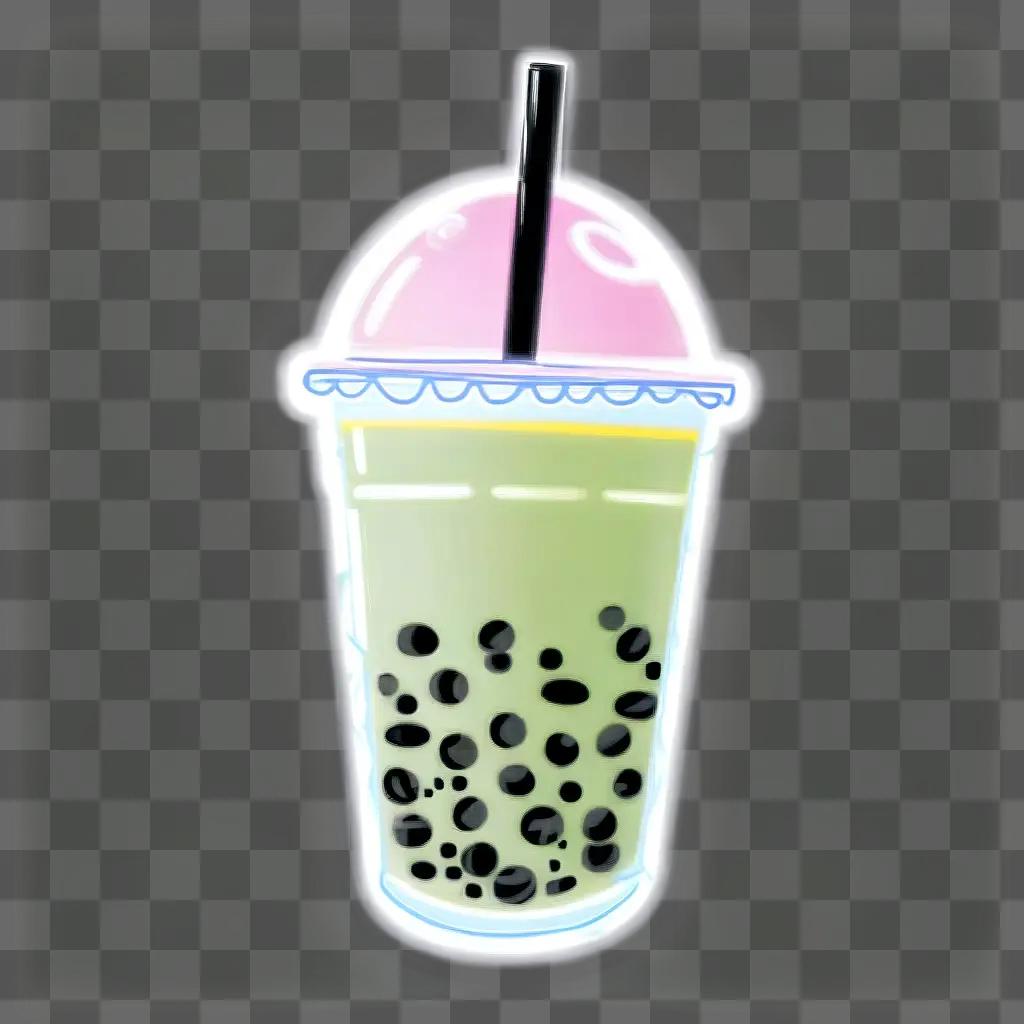 neon boba drink with black balls and straw