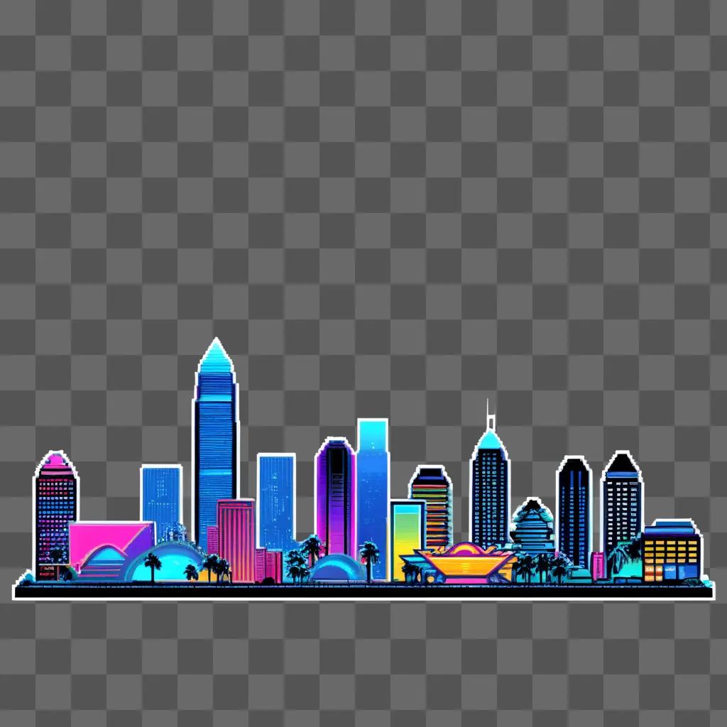 neon cityscape on a blue background