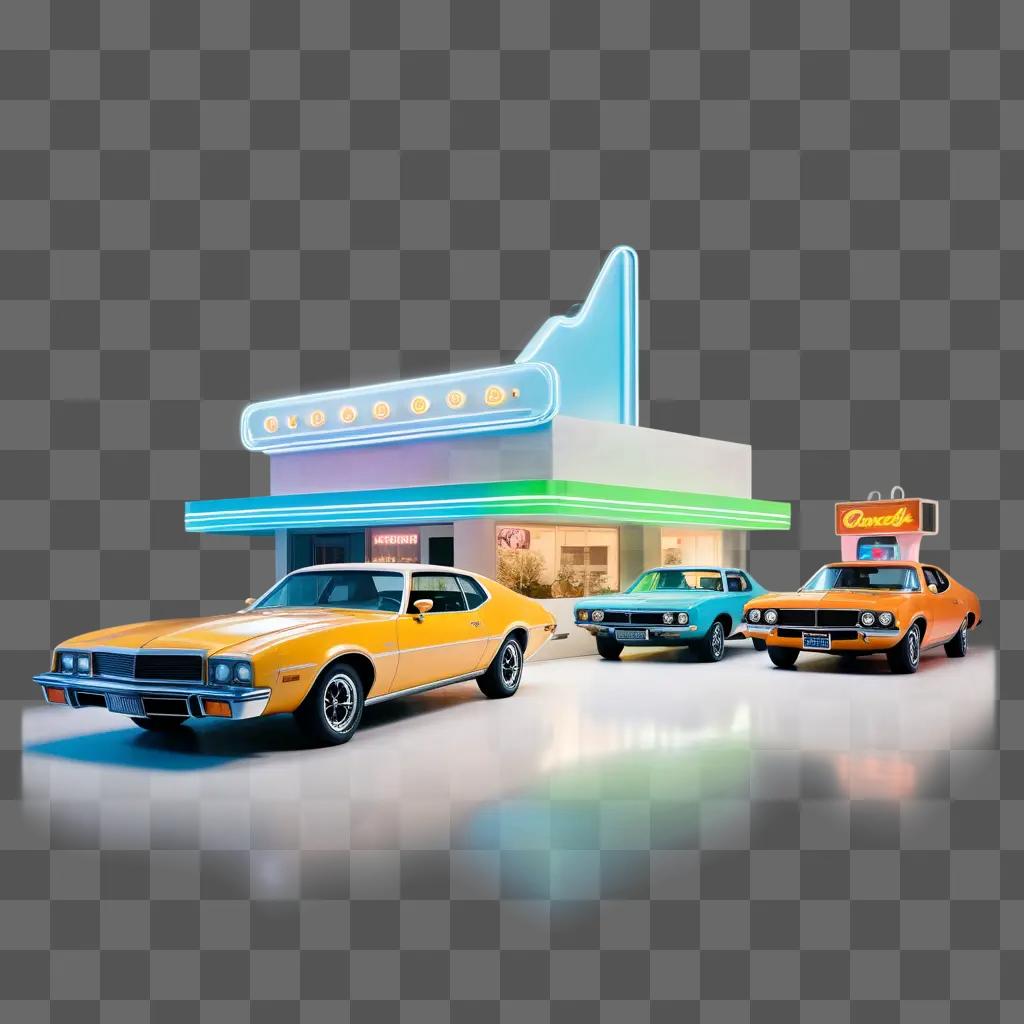 neon-lit 70s diner scene with vintage cars