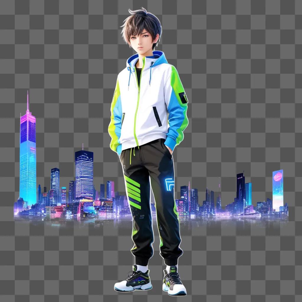 neon-lit anime boy stands in the city