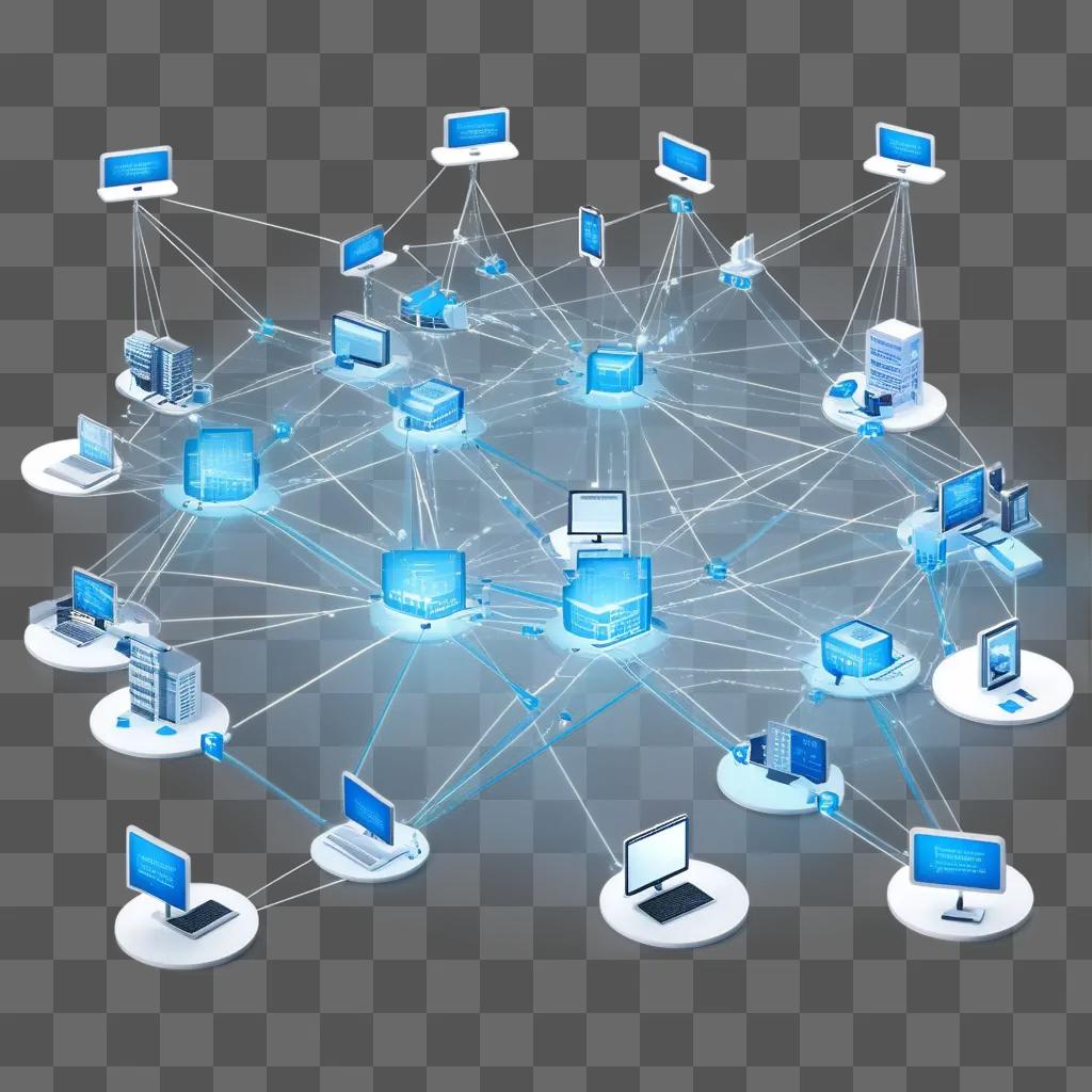 network of computers and phones with blue lines connecting them