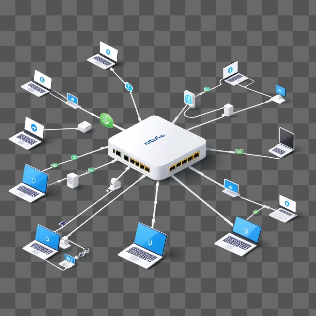 network of laptops and routers on a grey background