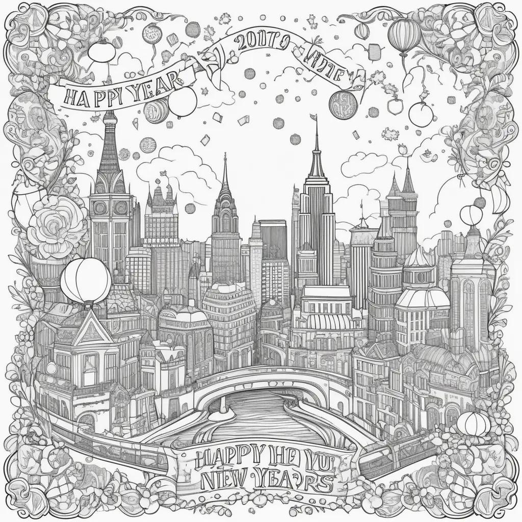 new year coloring page with a cityscape and text