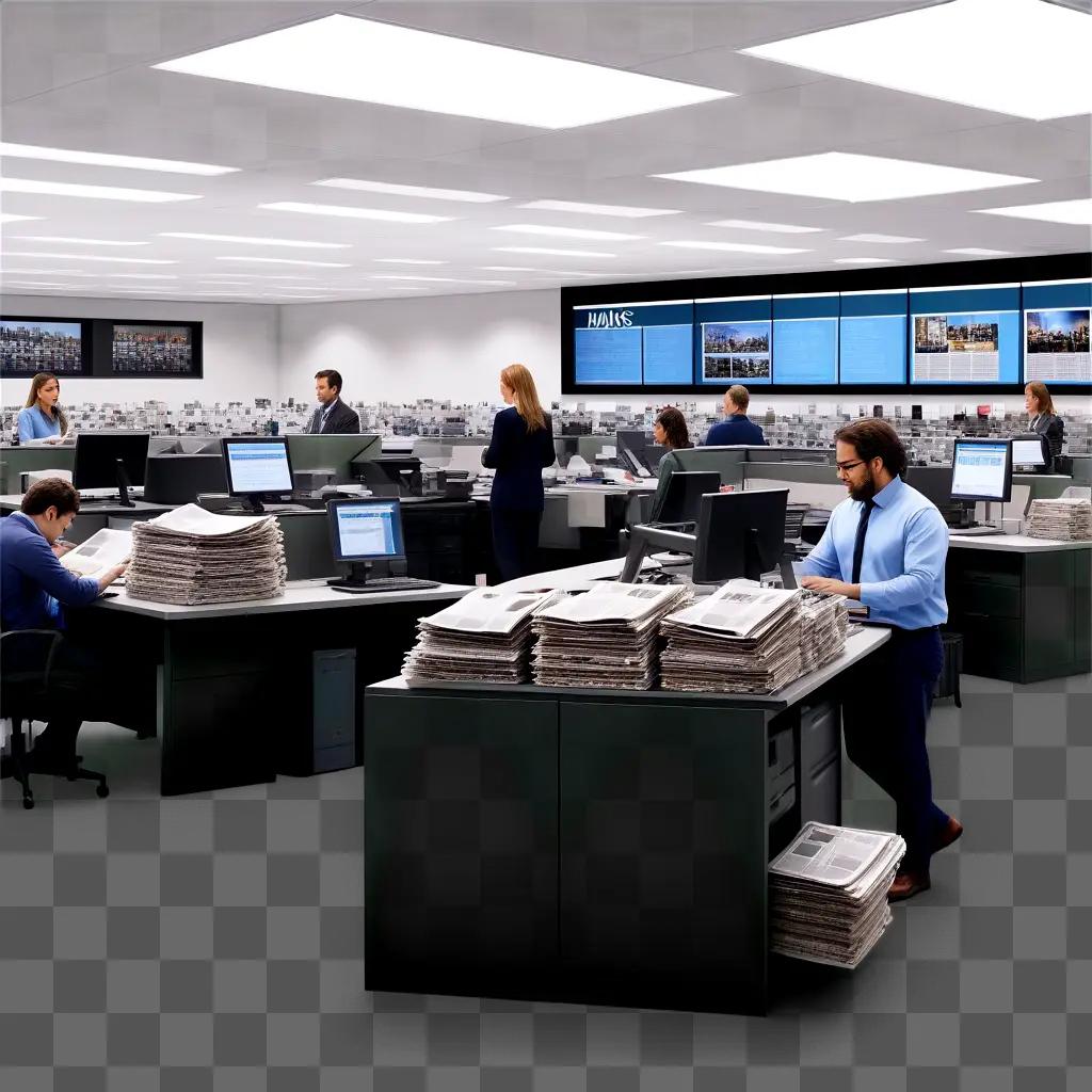 news desk filled with people and papers