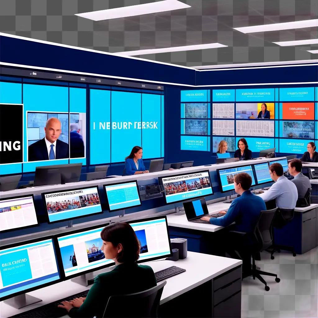 news desk is shown in a large room