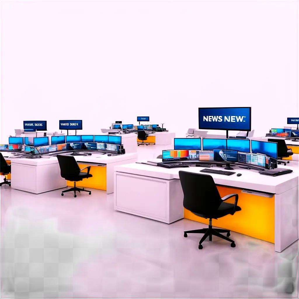 news desk with a variety of monitors and chairs