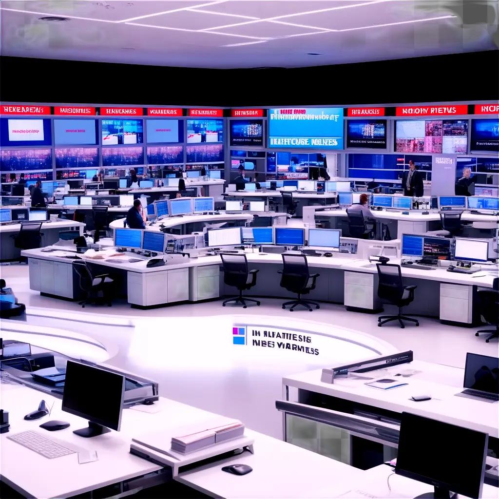 news desk with multiple monitors and people working